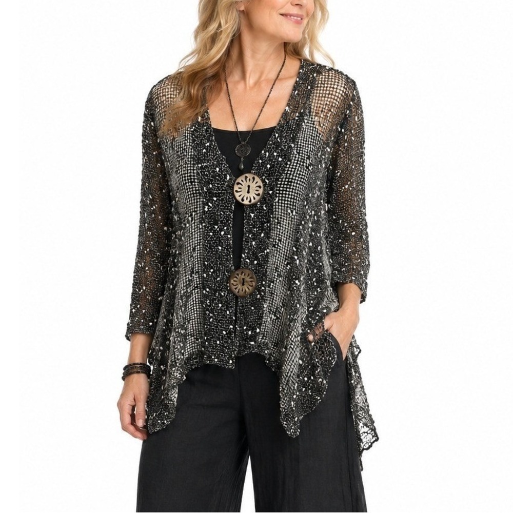 Open Knit Cardigan S Black Cream‎ Asymmetric Button Lagenlook Artsy Boho Sheer